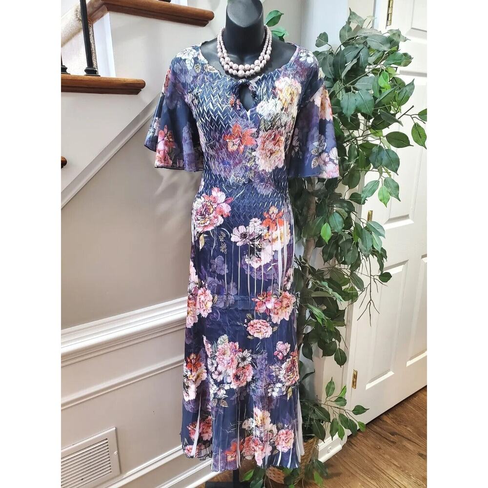Blue Floral Women's 100% Polyester Round Neck Half Sleeve Long Maxi Dress Size M